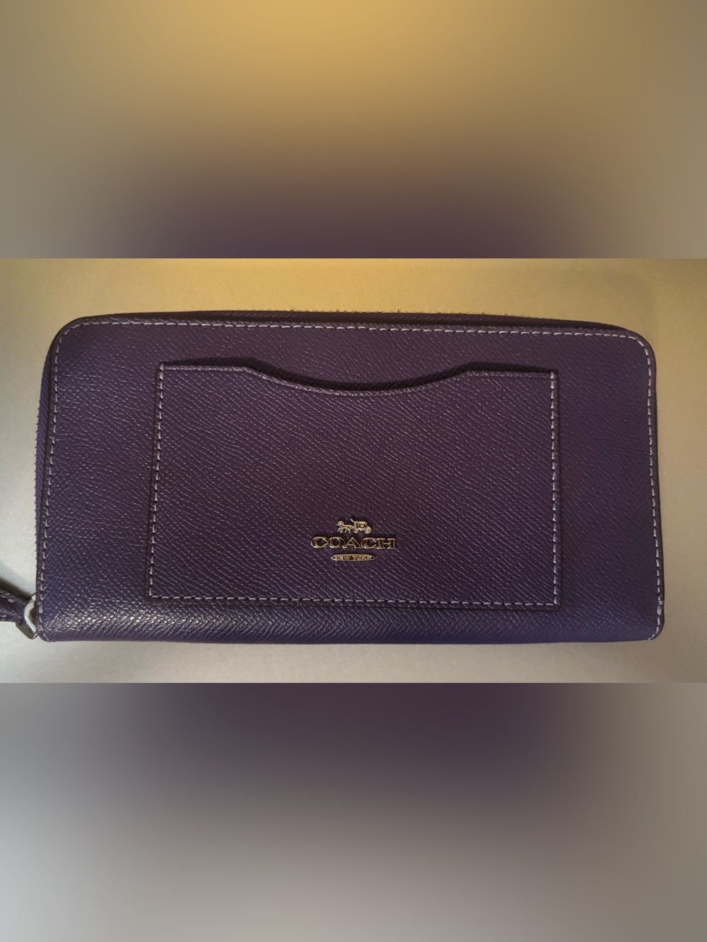 Coach Purple Leather Zip Card Wallet with Gold Logo